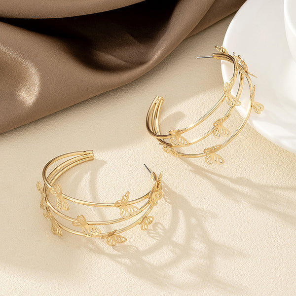 Fashion Sweet Double Layer Butterfly Stud Earrings & Hoop Earrings, Hollow Out Unique Design Women Earrings, High-End Temperament Stud Ear Jewelry