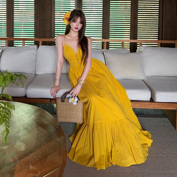 Stunning Yellow V-neck Strap Dress For Your Vacation