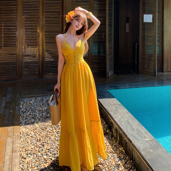 Stunning Yellow V-neck Strap Dress For Your Vacation